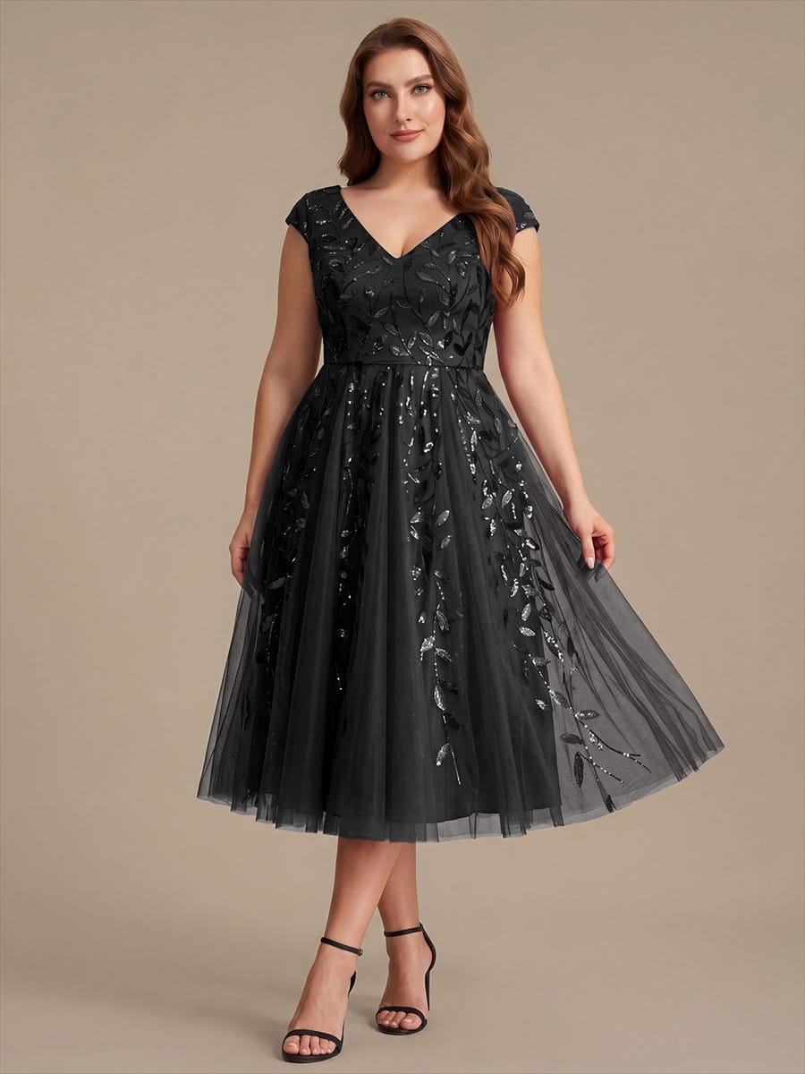 Plus Size Sequin Tulle Midi A-Line Dress