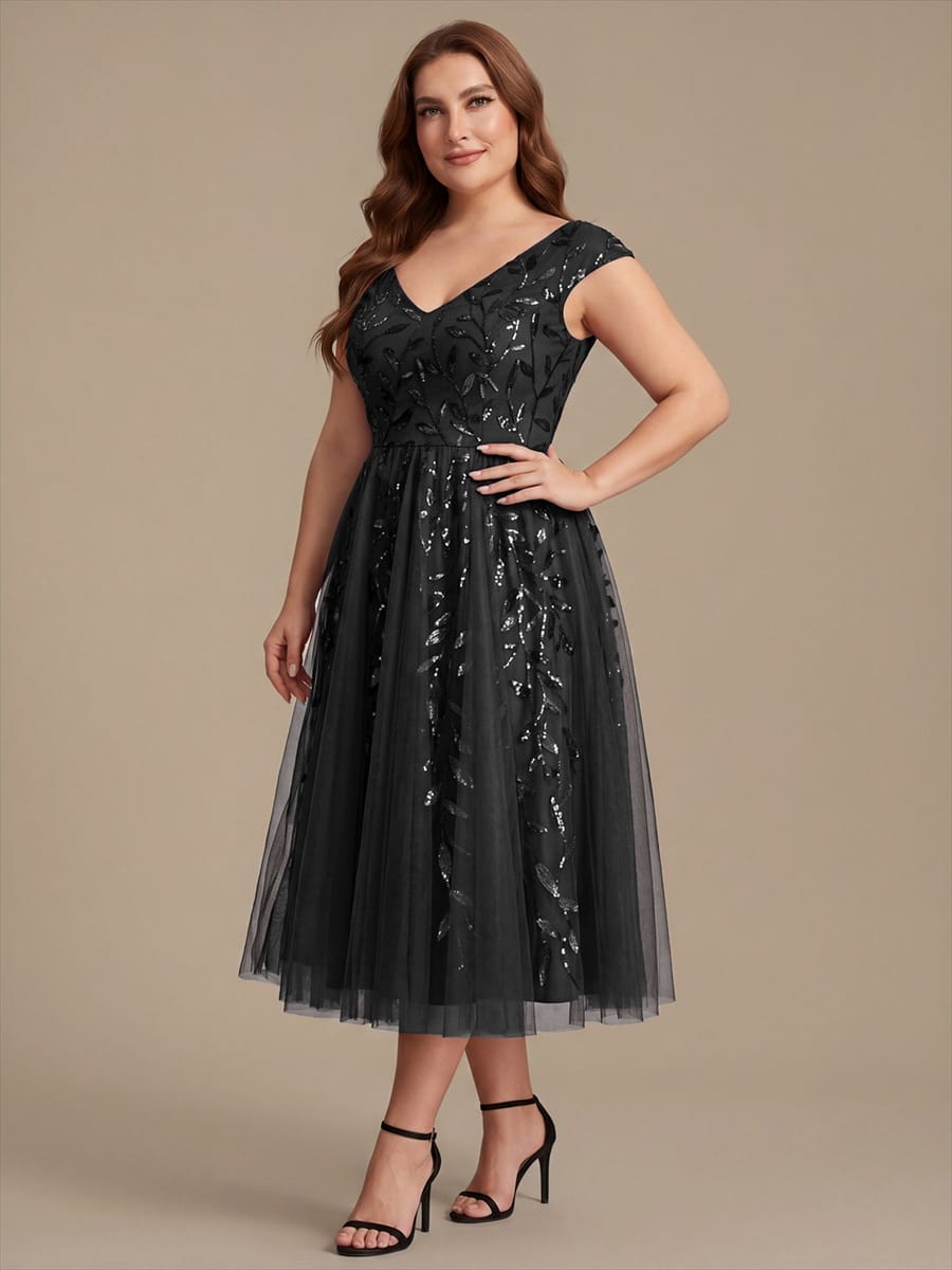 Plus Size Sequin Tulle Midi A-Line Dress