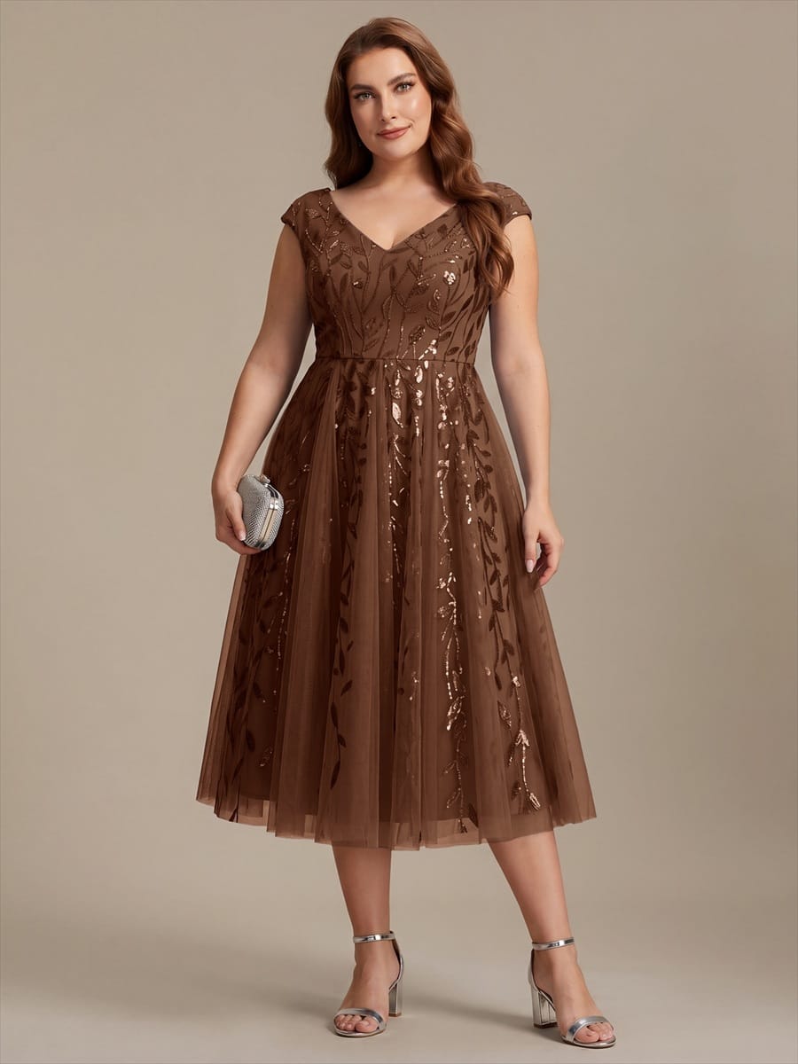 Plus Size Sequin Tulle Midi A-Line Dress