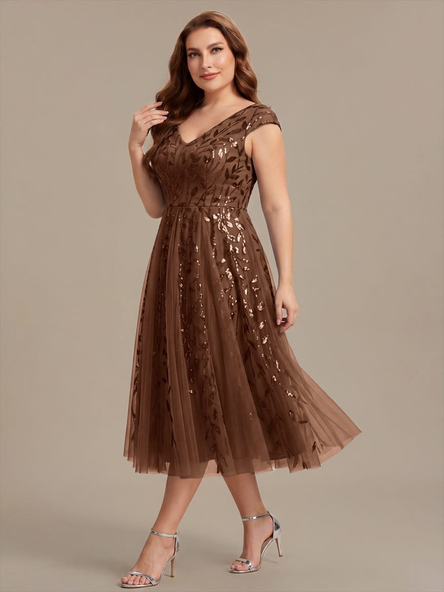 Plus Size Sequin Tulle Midi A-Line Dress