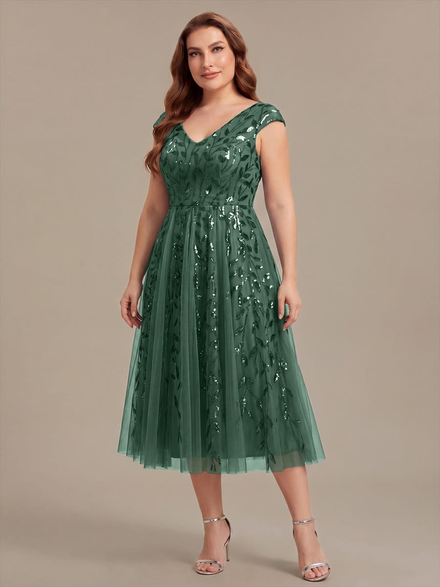 Plus Size Sequin Tulle Midi A-Line Dress