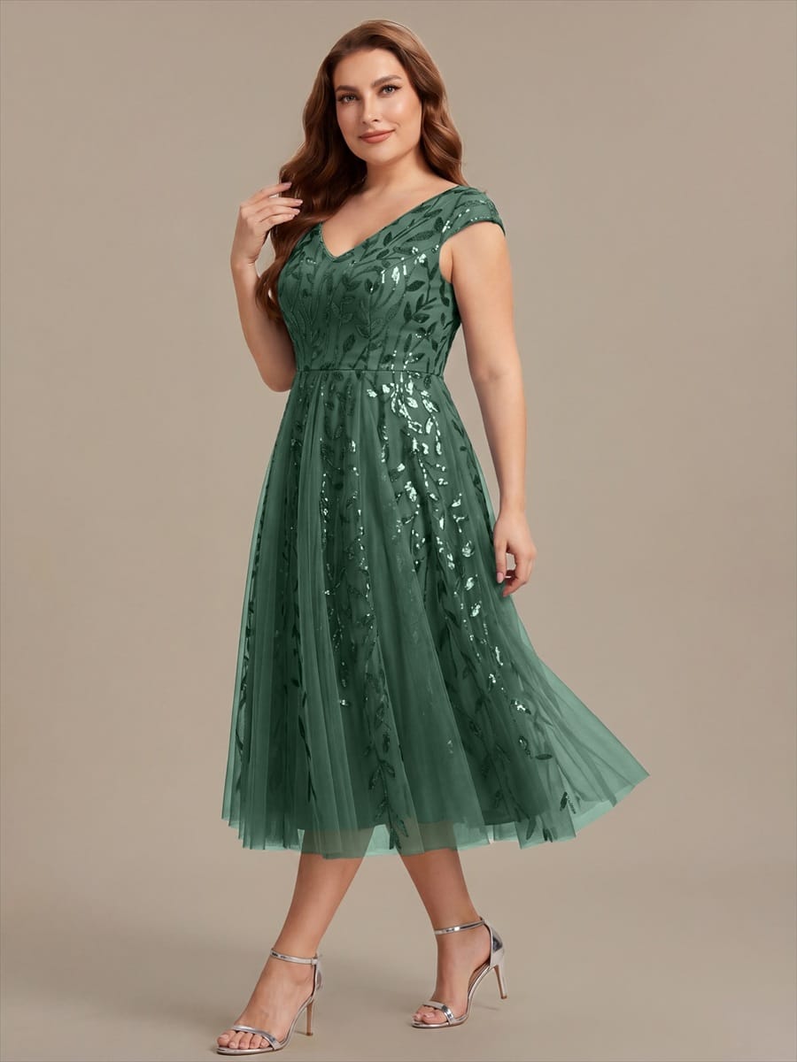 Plus Size Sequin Tulle Midi A-Line Dress