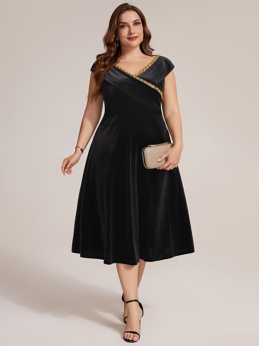 Velvet Jewelled V-Neck Midi Wedding Guest Dress