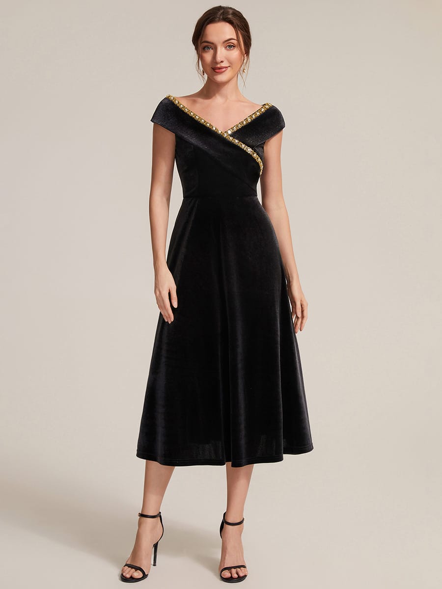 Velvet Jewelled V-Neck Midi Wedding Guest Dress