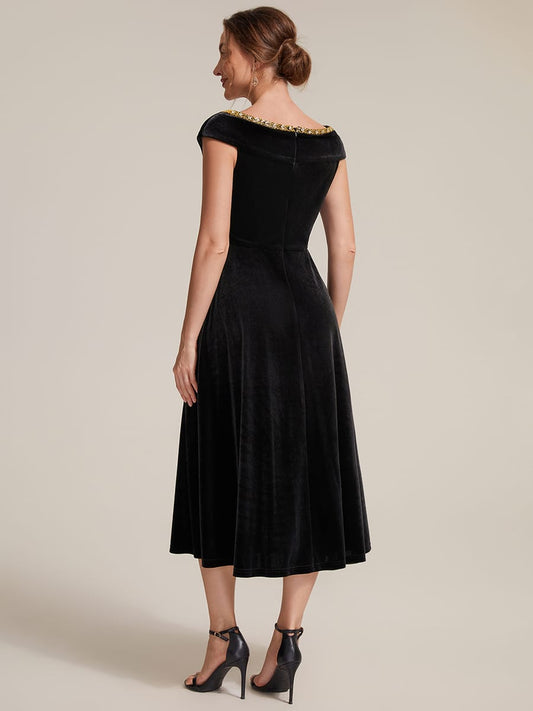 Velvet Jewelled V-Neck Midi Wedding Guest Dress