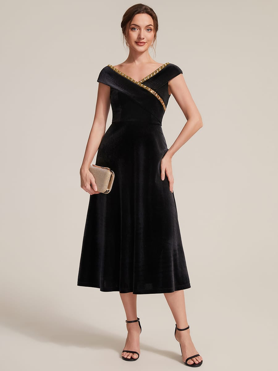 Velvet Jewelled V-Neck Midi Wedding Guest Dress