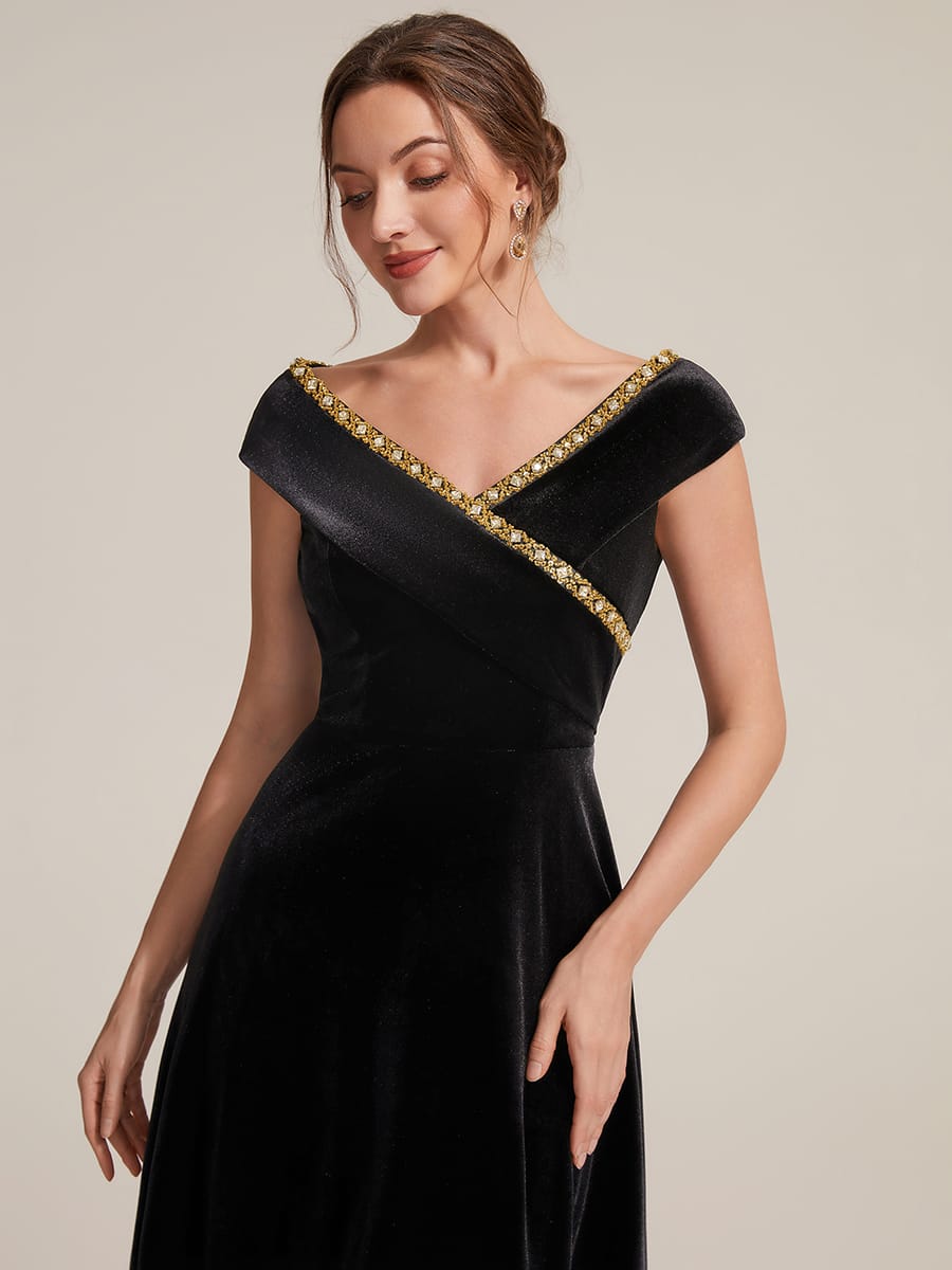 Velvet Jewelled V-Neck Midi Wedding Guest Dress