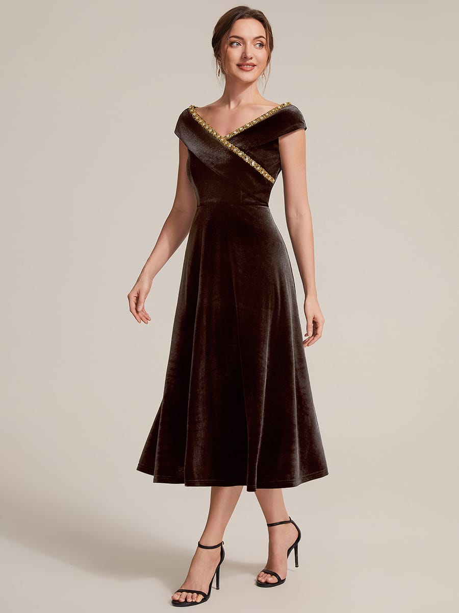 Velvet Jewelled V-Neck Midi Wedding Guest Dress