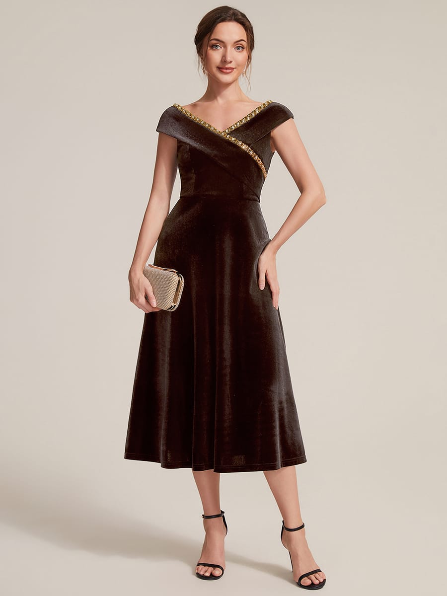 Velvet Jewelled V-Neck Midi Wedding Guest Dress