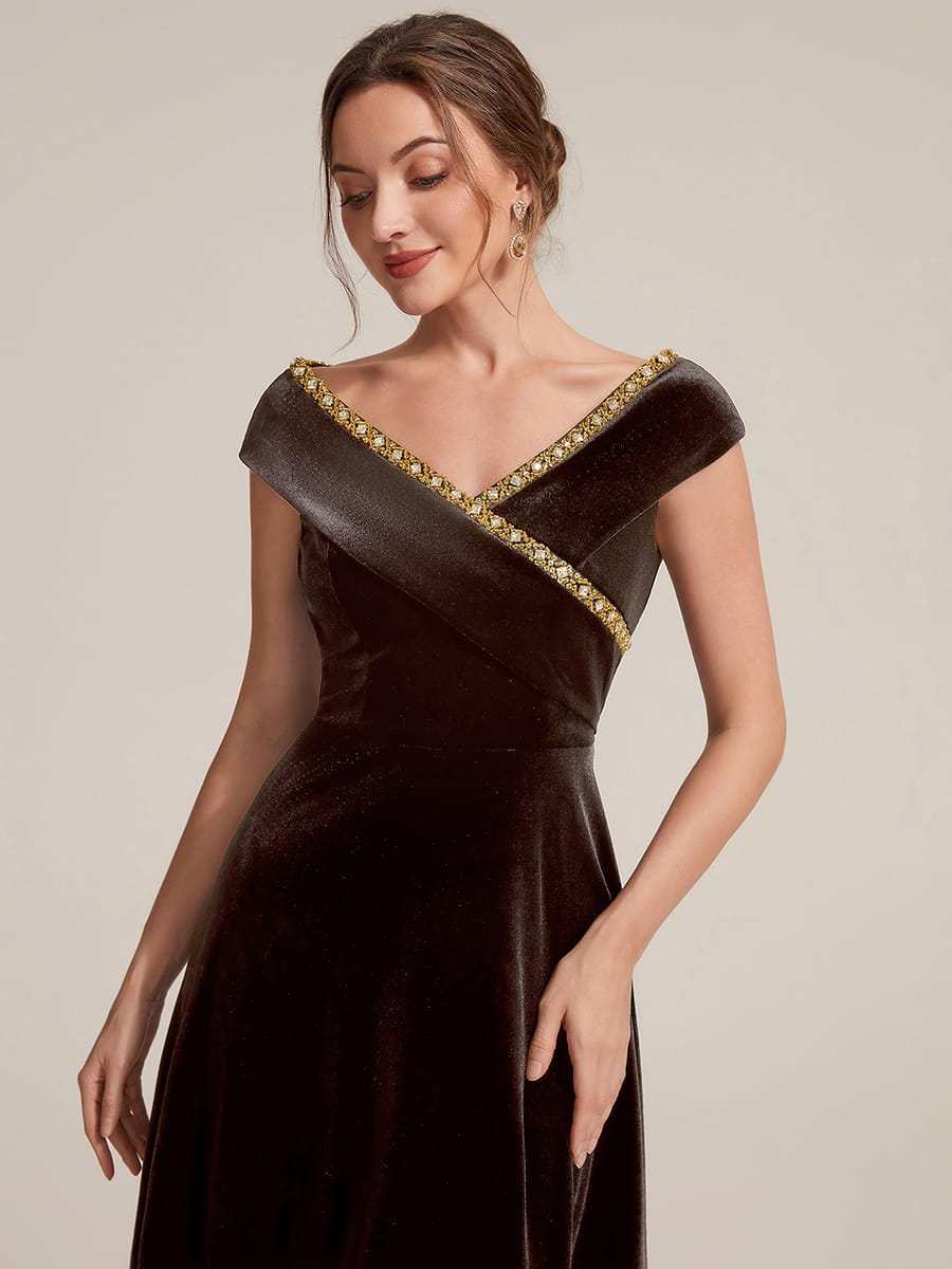 Velvet Jewelled V-Neck Midi Wedding Guest Dress