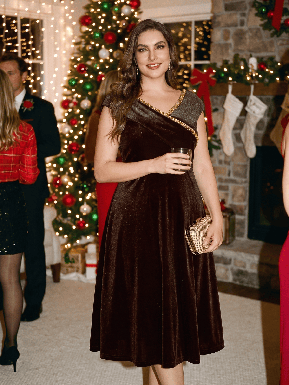 Velvet Jewelled V-Neck Midi Wedding Guest Dress