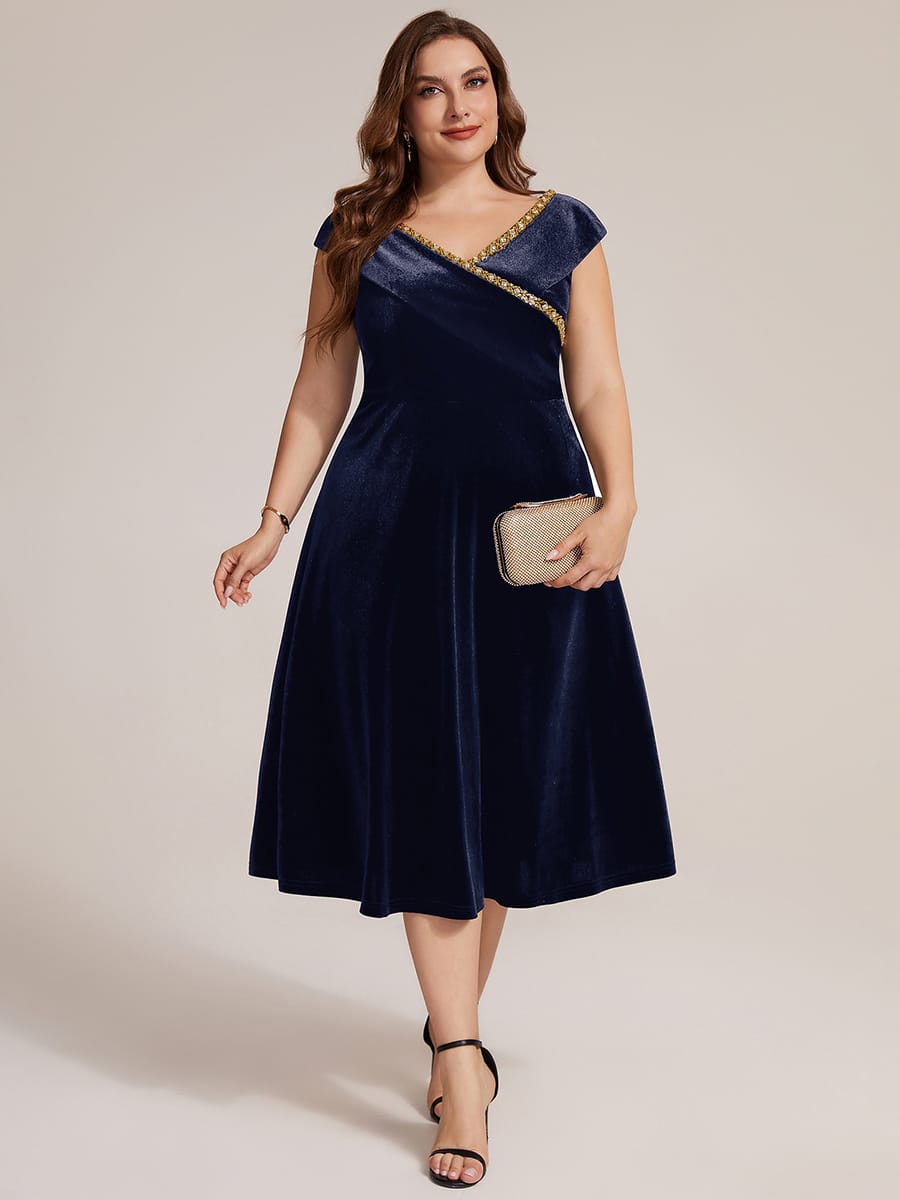 Velvet Jewelled V-Neck Midi Wedding Guest Dress