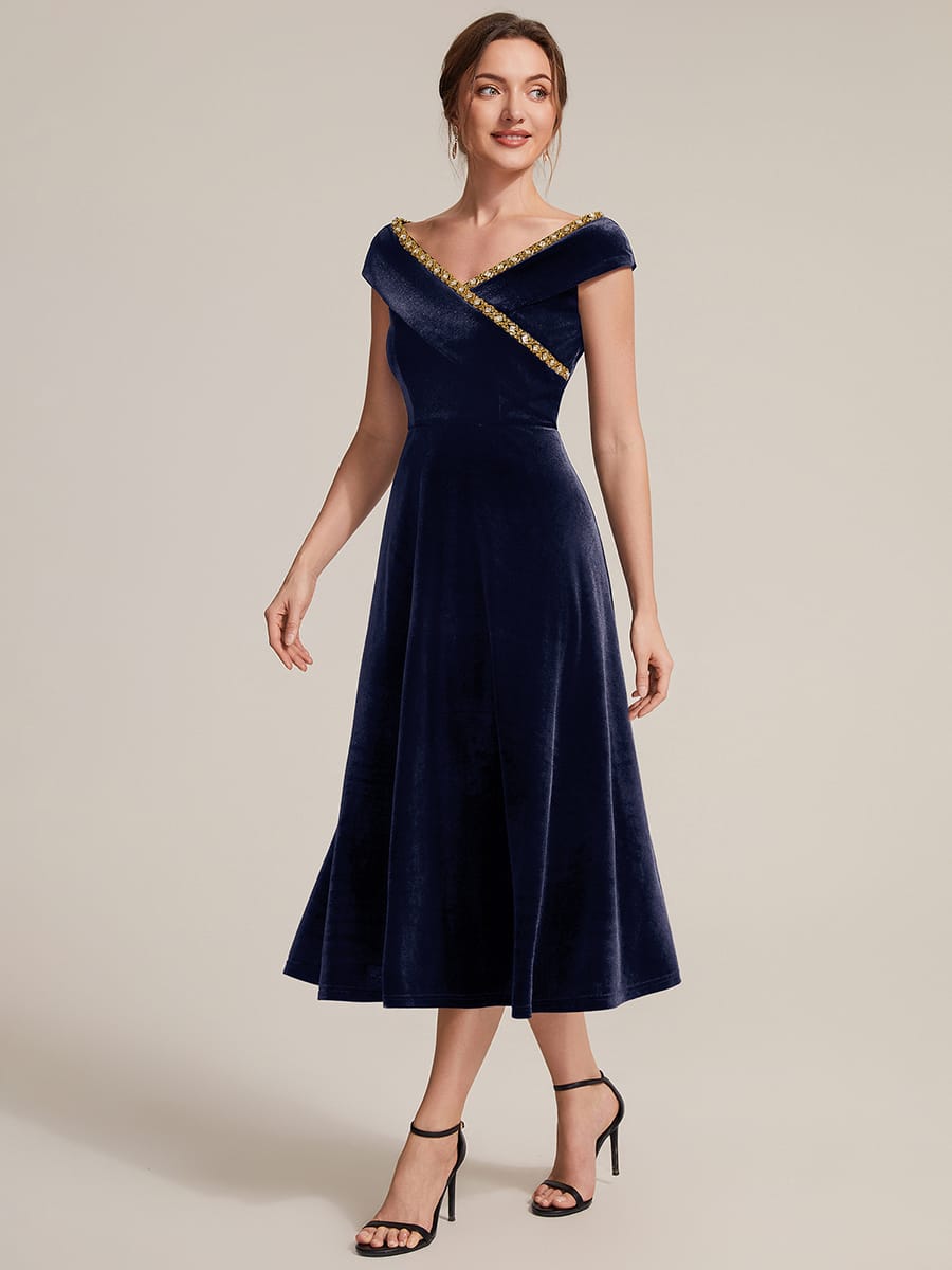 Velvet Jewelled V-Neck Midi Wedding Guest Dress
