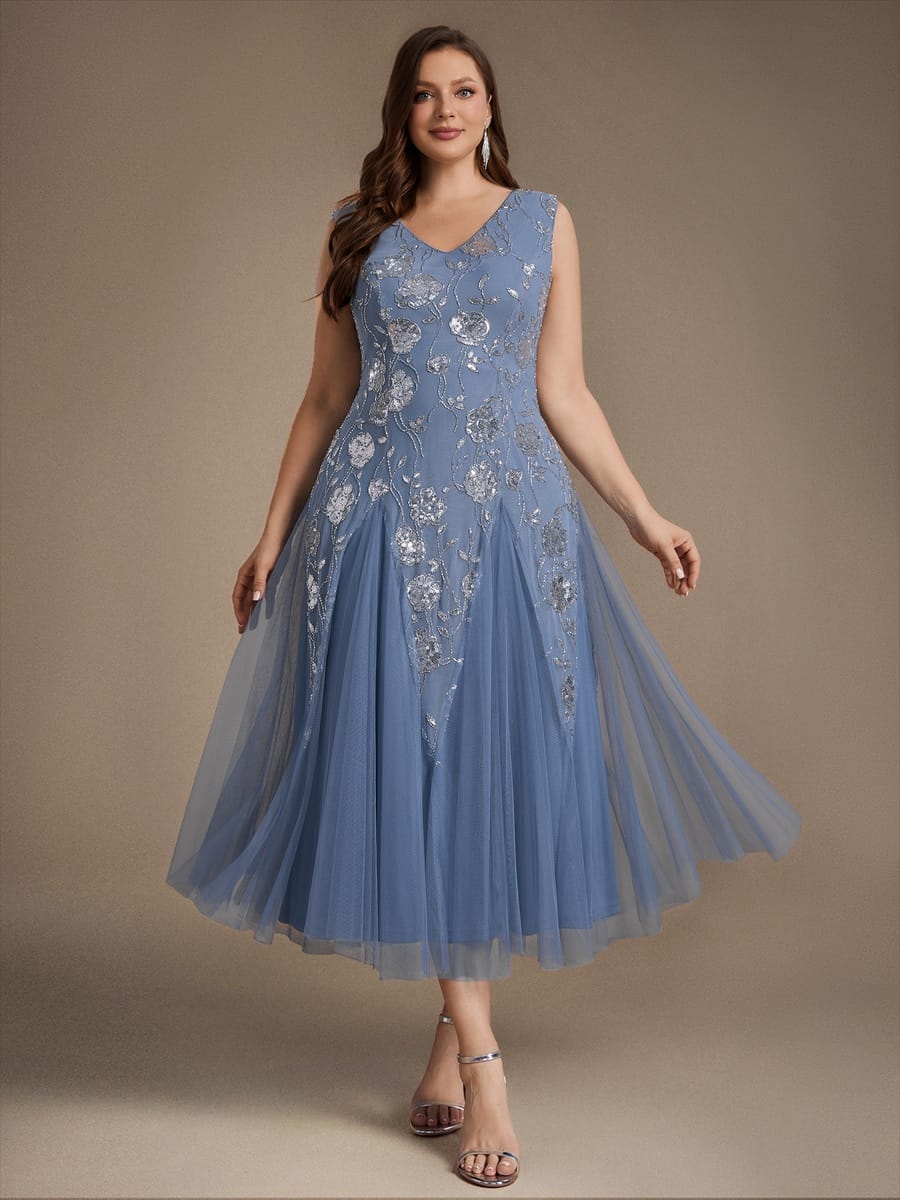 Beaded Sequin Tea Length Wedding Guest Dress