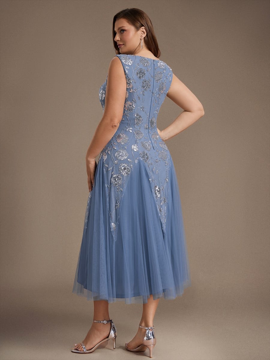 Beaded Sequin Tea Length Wedding Guest Dress