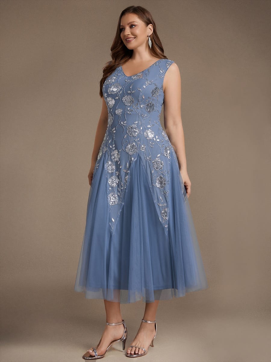 Beaded Sequin Tea Length Wedding Guest Dress