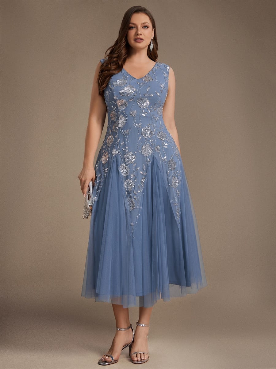 Beaded Sequin Tea Length Wedding Guest Dress