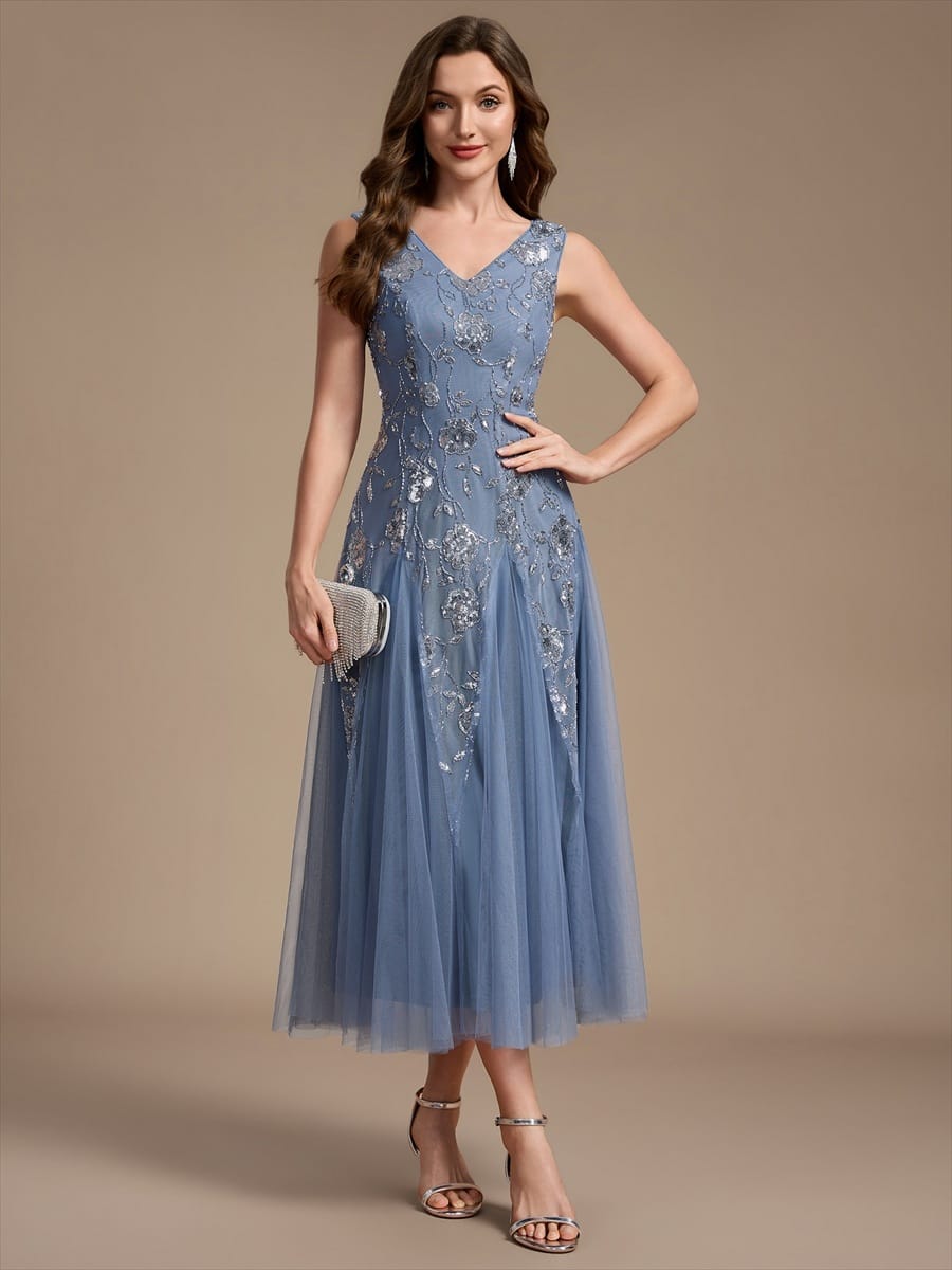 Beaded Sequin Tea Length Wedding Guest Dress