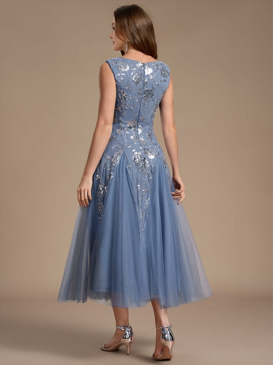 Beaded Sequin Tea Length Wedding Guest Dress