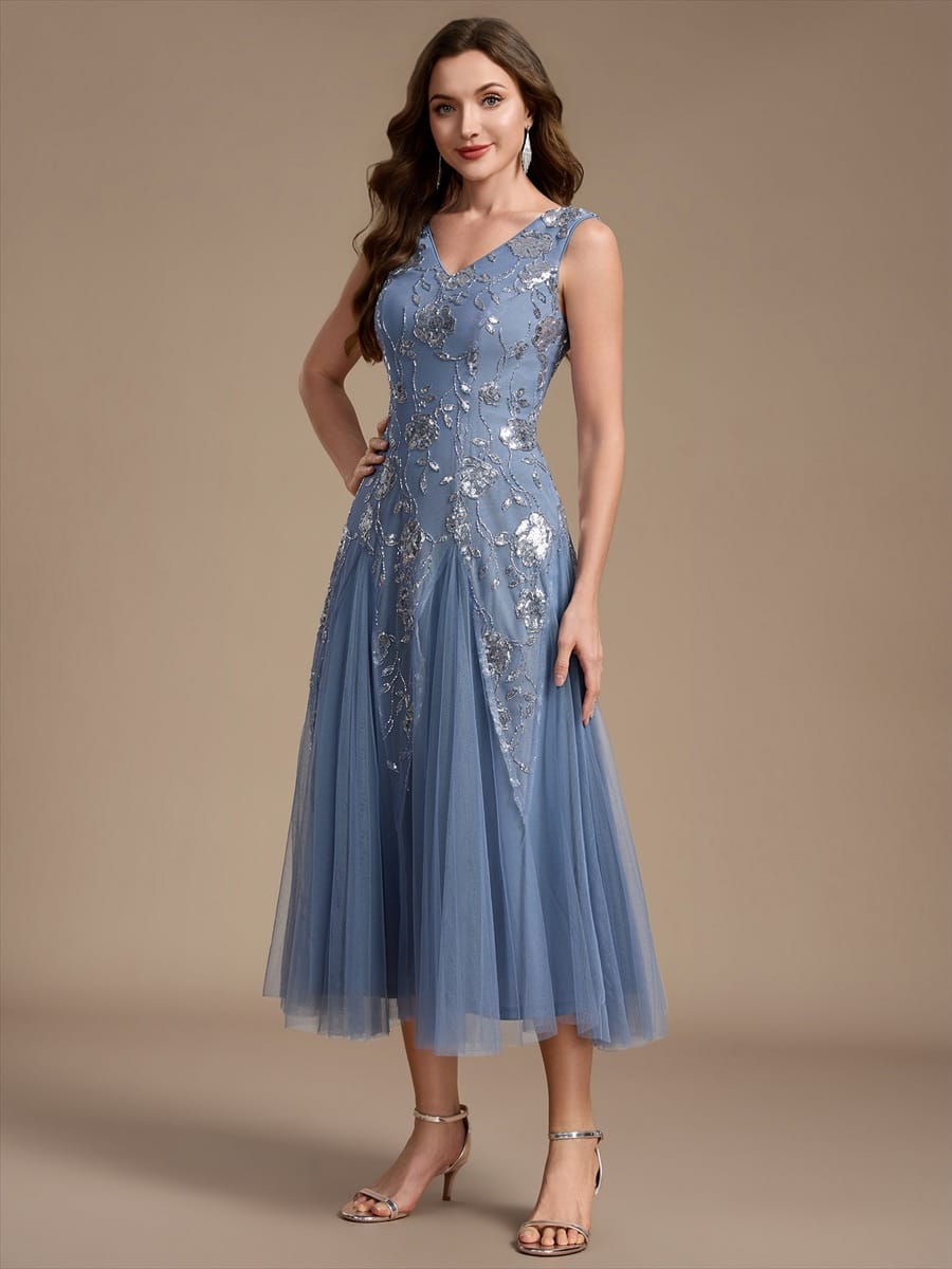 Beaded Sequin Tea Length Wedding Guest Dress