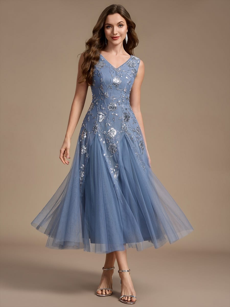 Beaded Sequin Tea Length Wedding Guest Dress