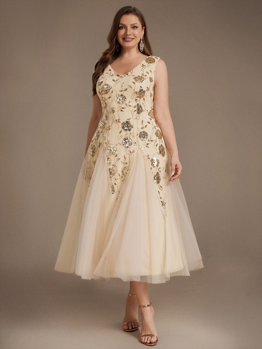 Beaded Sequin Tea Length Wedding Guest Dress