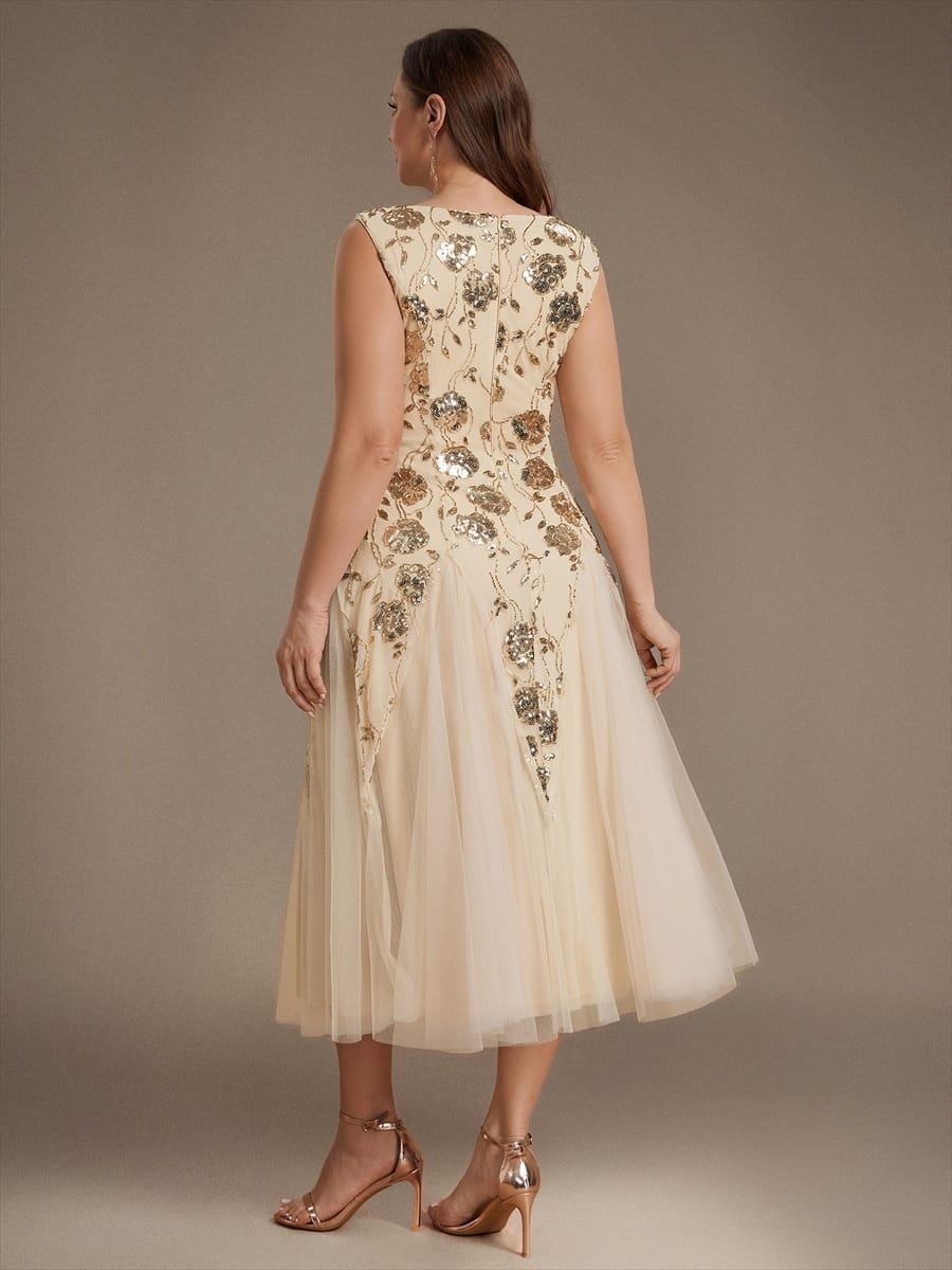 Beaded Sequin Tea Length Wedding Guest Dress