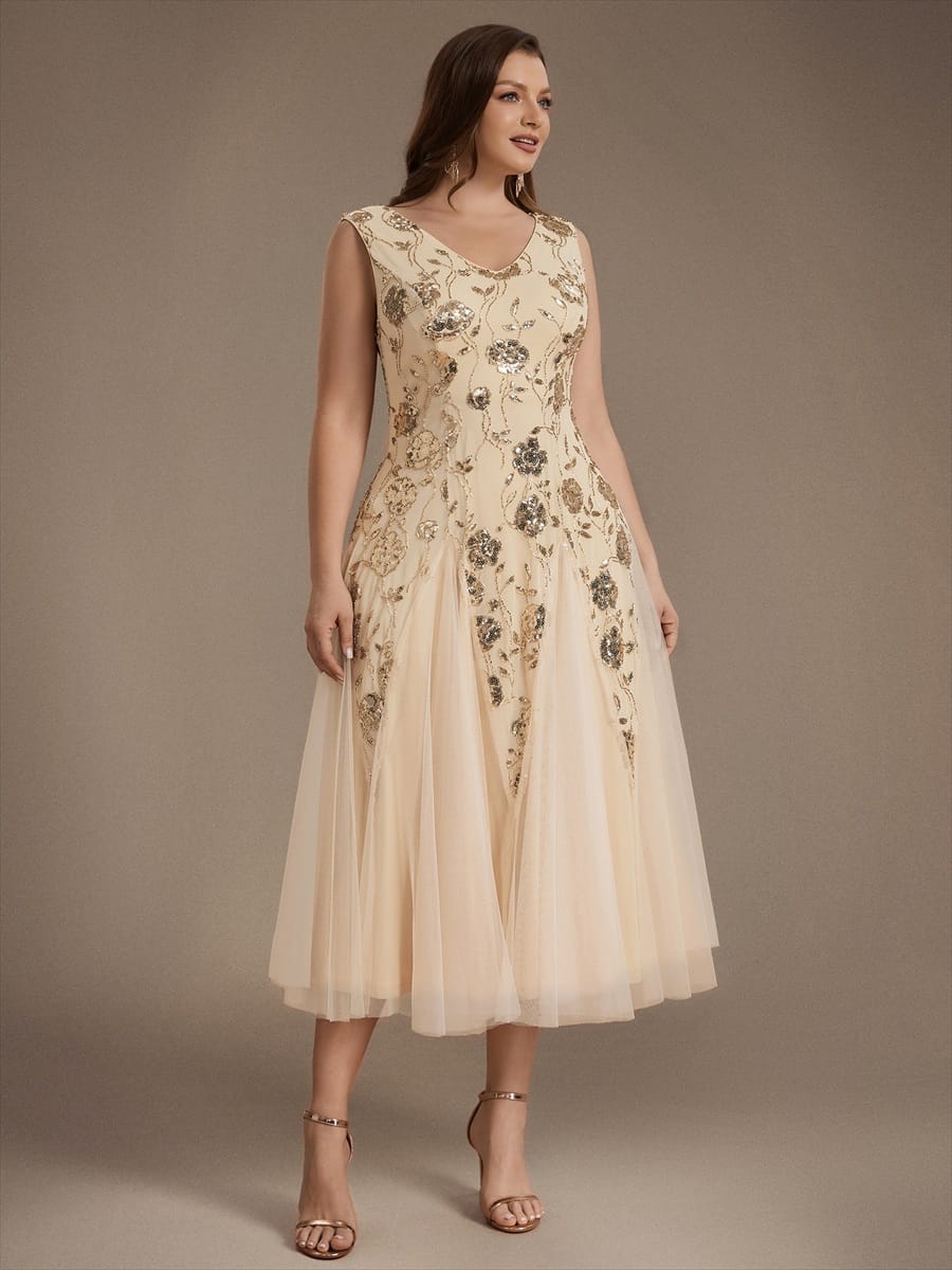 Beaded Sequin Tea Length Wedding Guest Dress