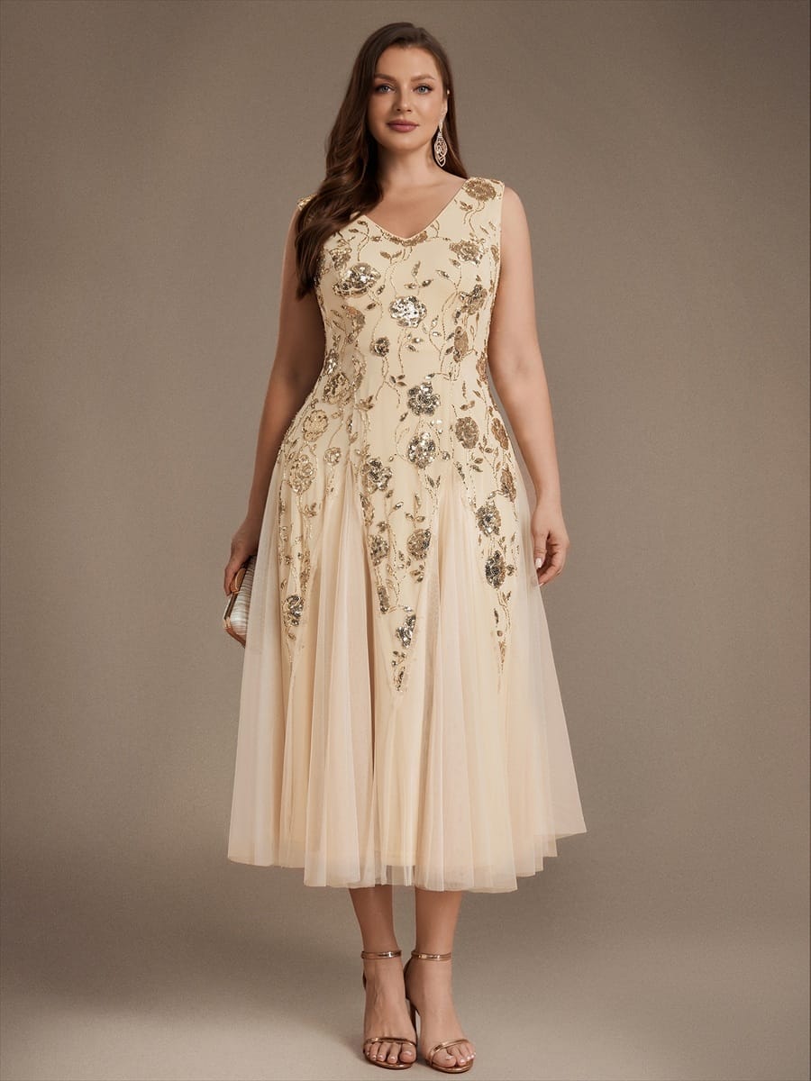 Beaded Sequin Tea Length Wedding Guest Dress
