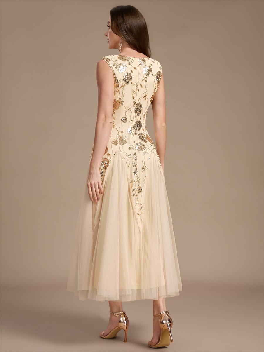 Beaded Sequin Tea Length Wedding Guest Dress