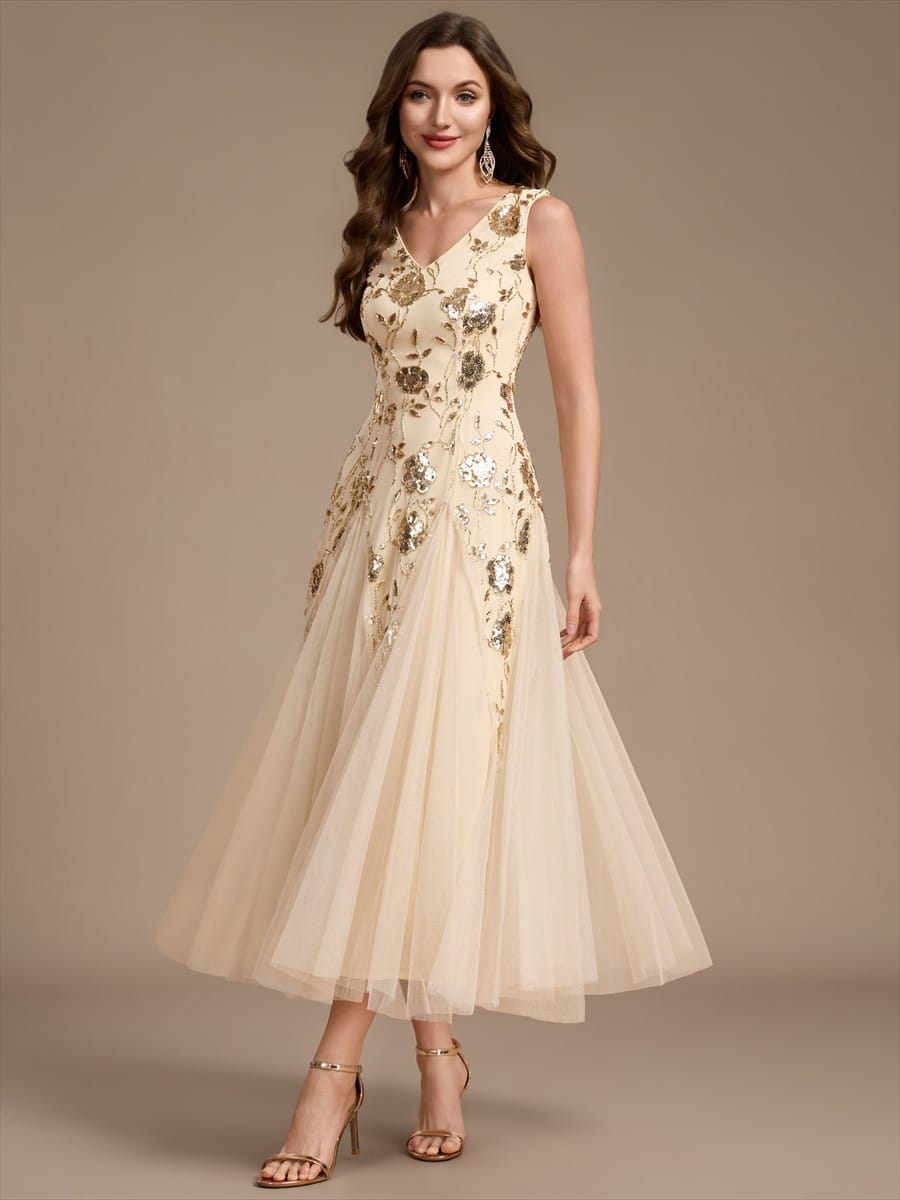 Beaded Sequin Tea Length Wedding Guest Dress