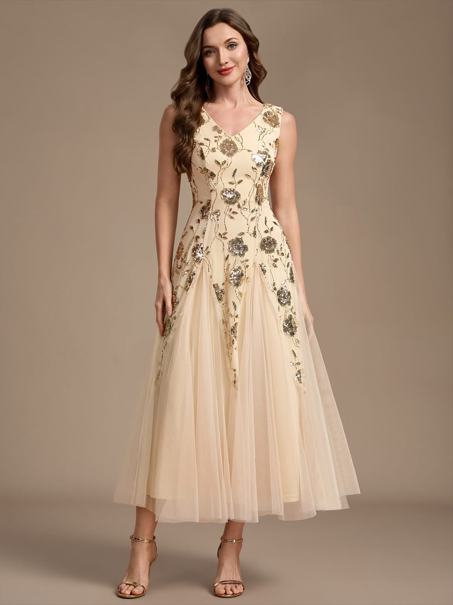 Beaded Sequin Tea Length Wedding Guest Dress