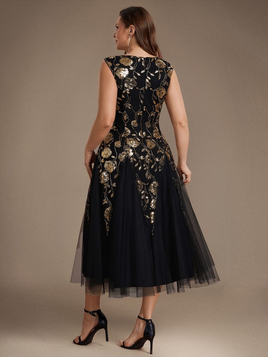 Beaded Sequin Tea Length Wedding Guest Dress