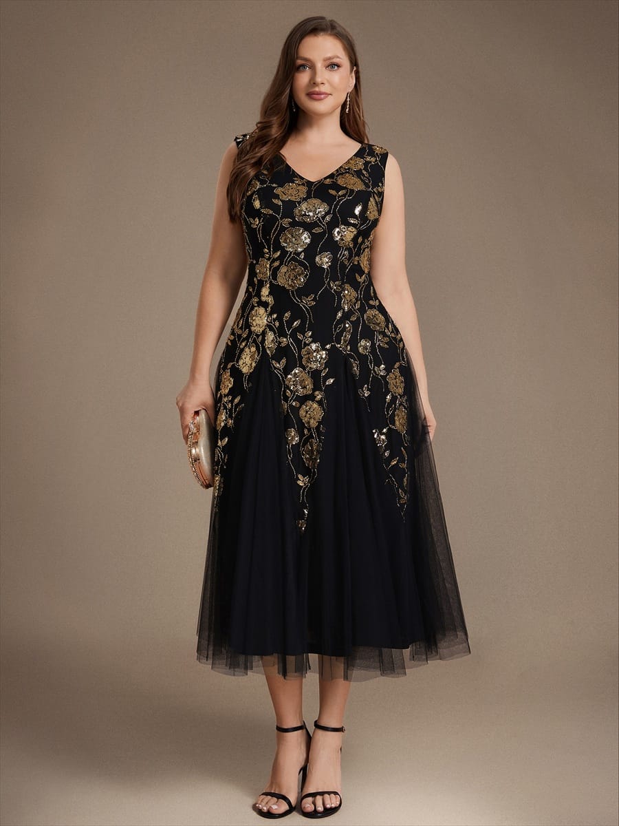 Beaded Sequin Tea Length Wedding Guest Dress
