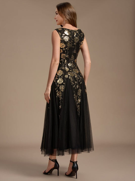 Beaded Sequin Tea Length Wedding Guest Dress