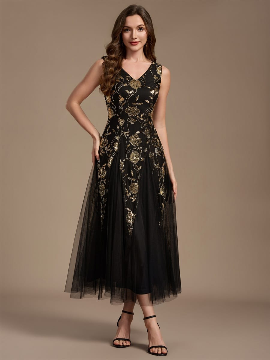 Beaded Sequin Tea Length Wedding Guest Dress