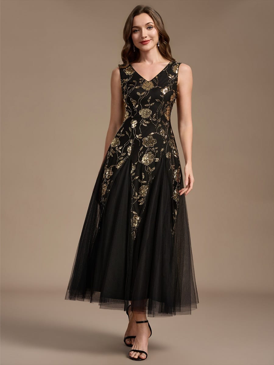 Beaded Sequin Tea Length Wedding Guest Dress