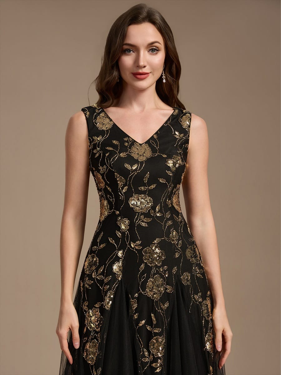 Beaded Sequin Tea Length Wedding Guest Dress