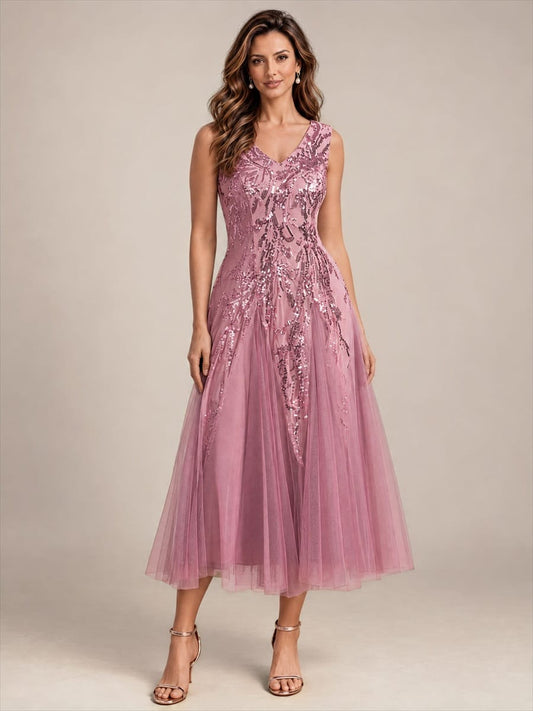 Sequin Sleeveless Tea Length Wedding Guest Dress