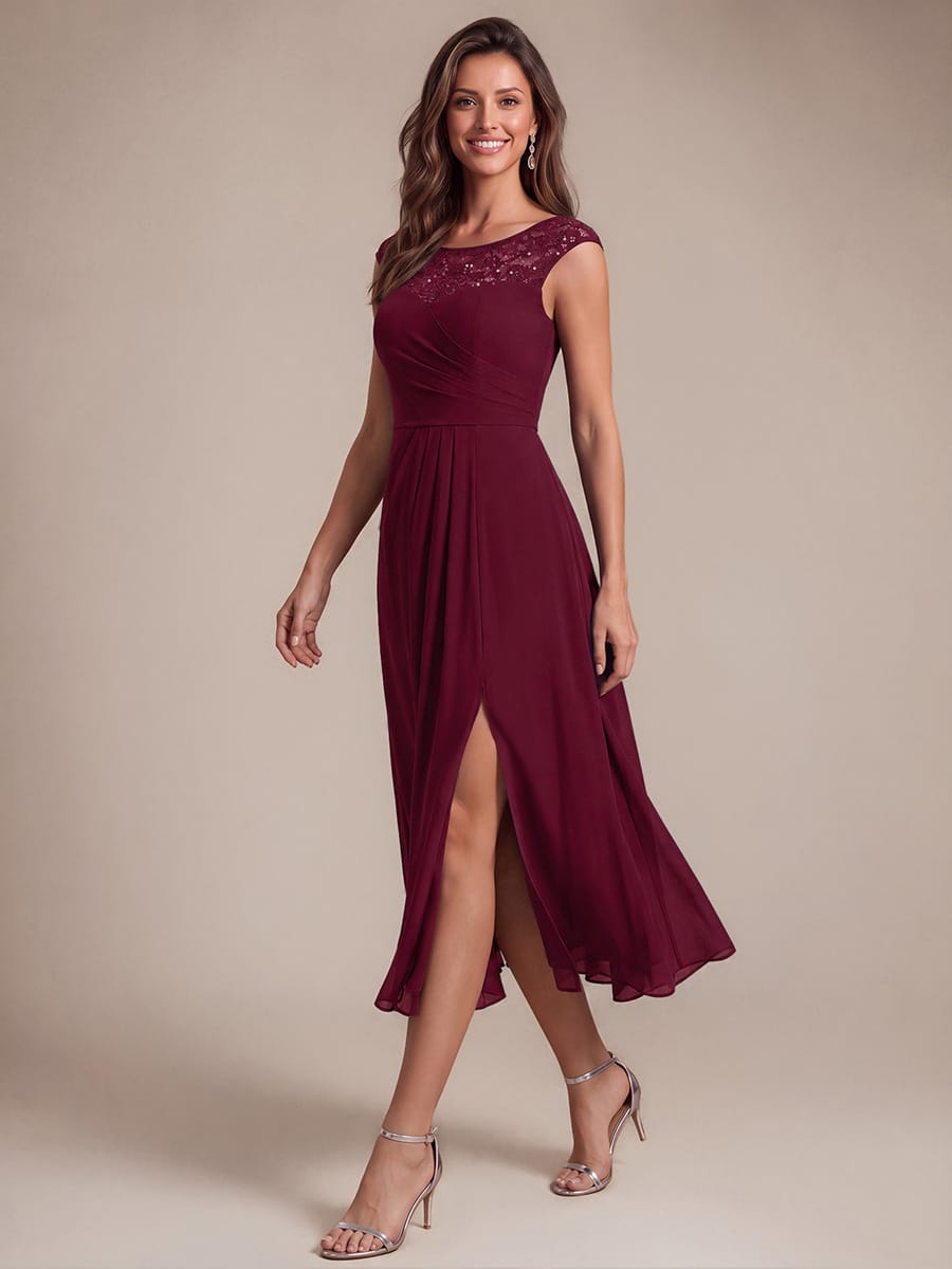 Chiffon Sequin Tea Length Wedding Guest Dress