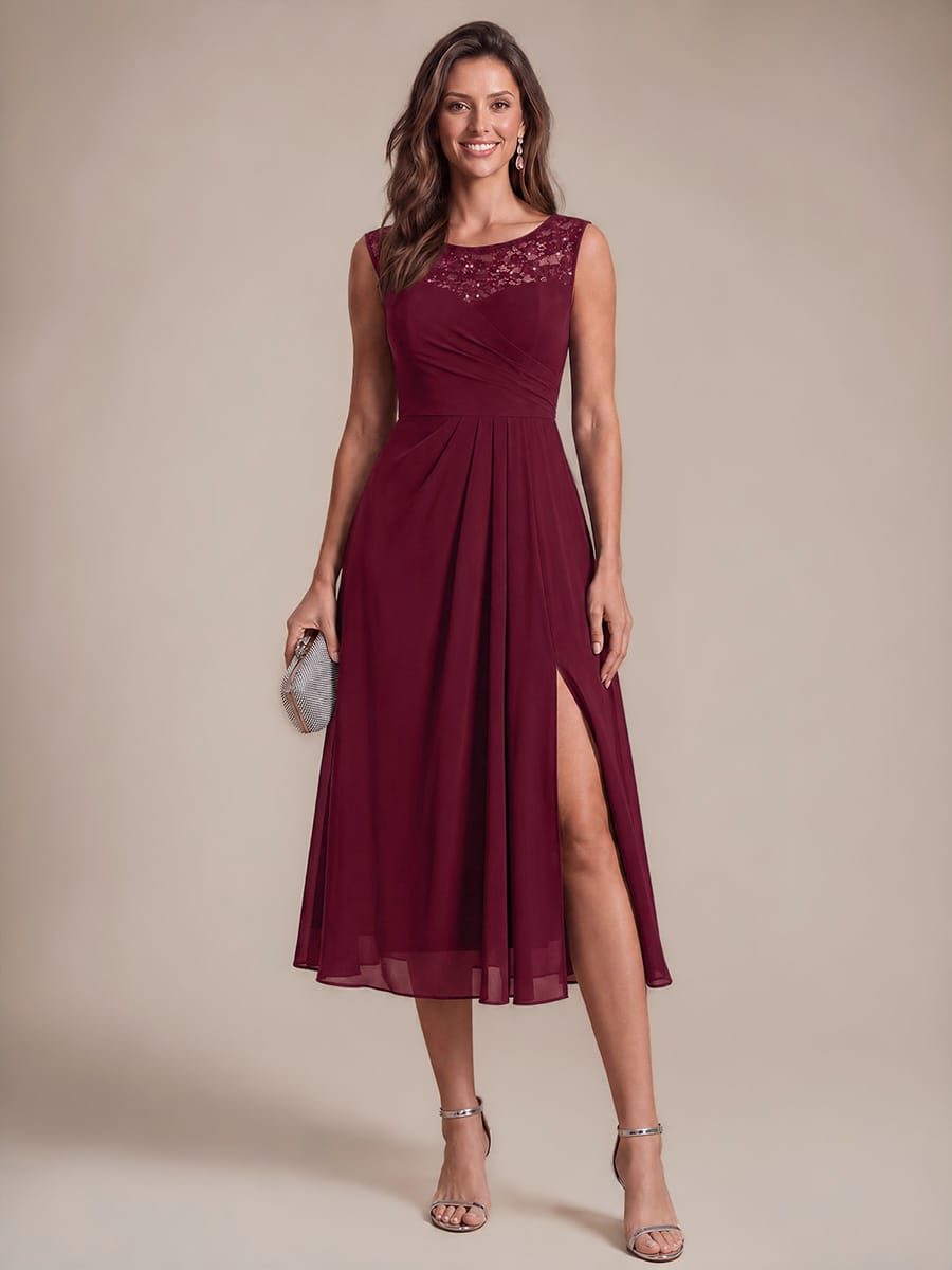 Chiffon Sequin Tea Length Wedding Guest Dress