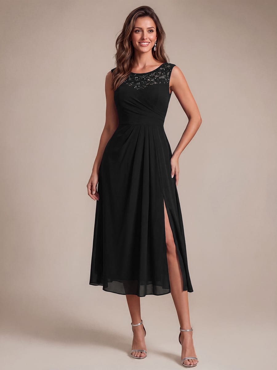 Chiffon Sequin Tea Length Wedding Guest Dress