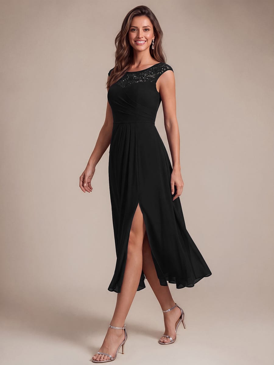 Chiffon Sequin Tea Length Wedding Guest Dress