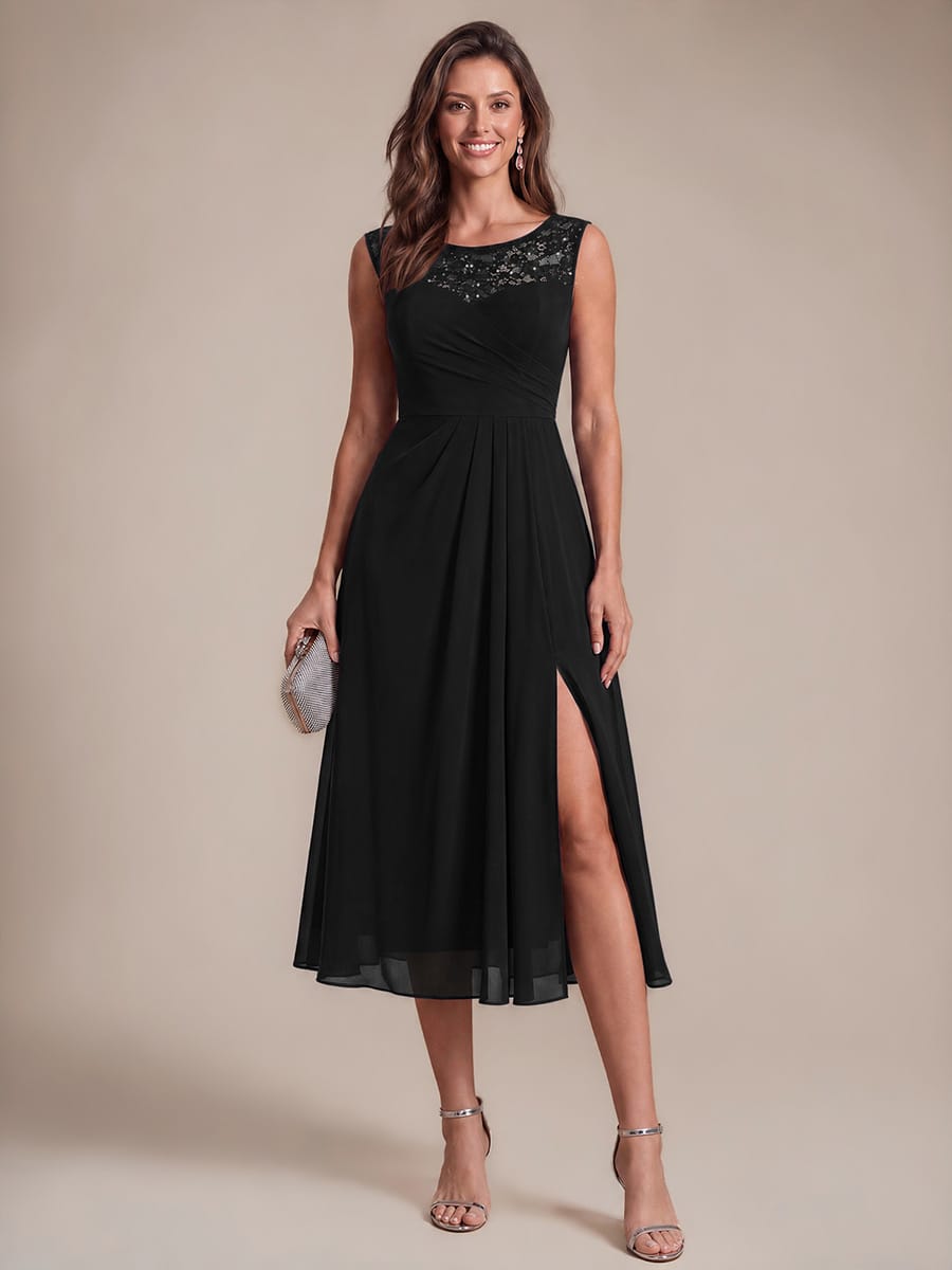 Chiffon Sequin Tea Length Wedding Guest Dress
