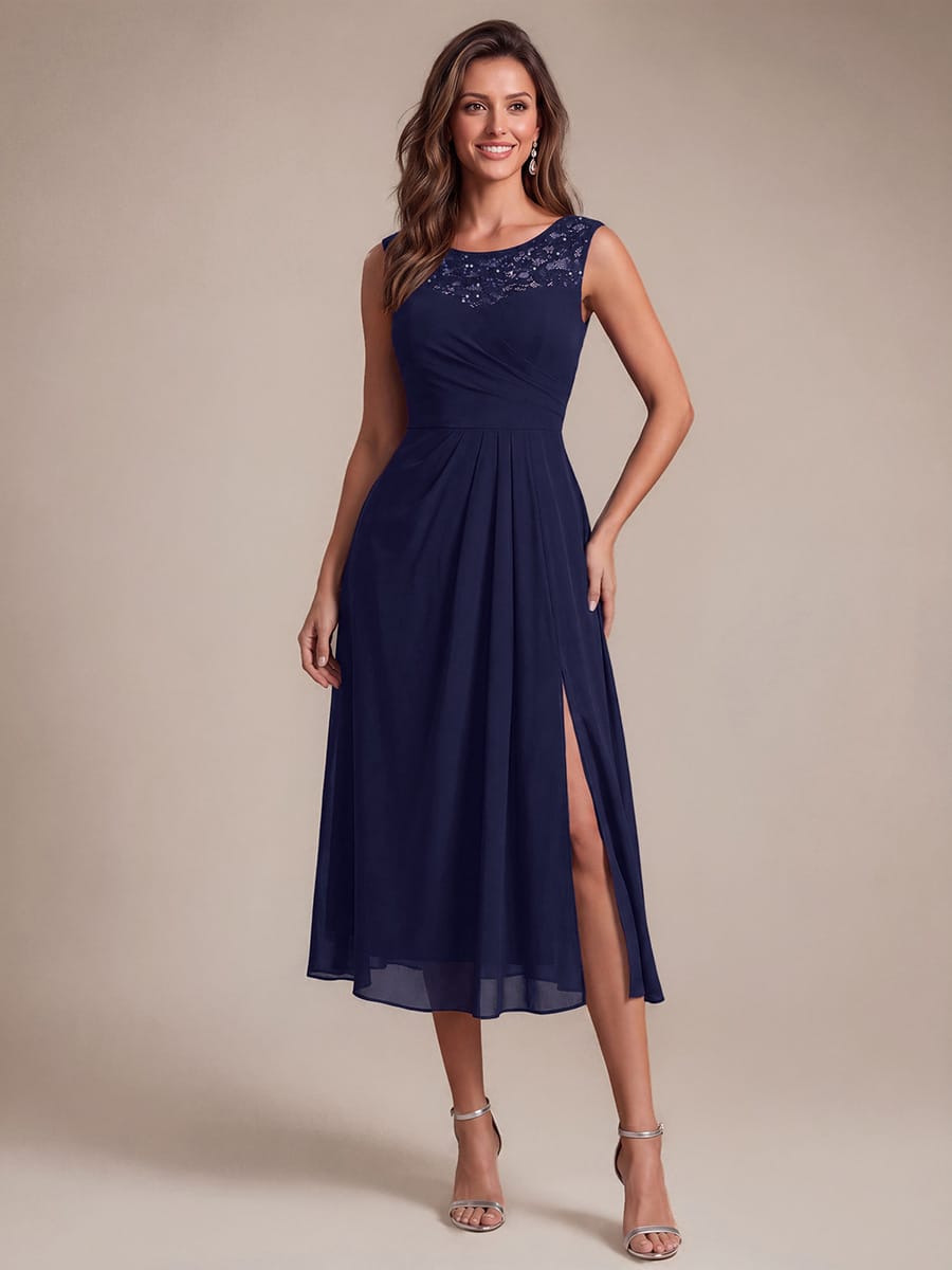 Chiffon Sequin Tea Length Wedding Guest Dress