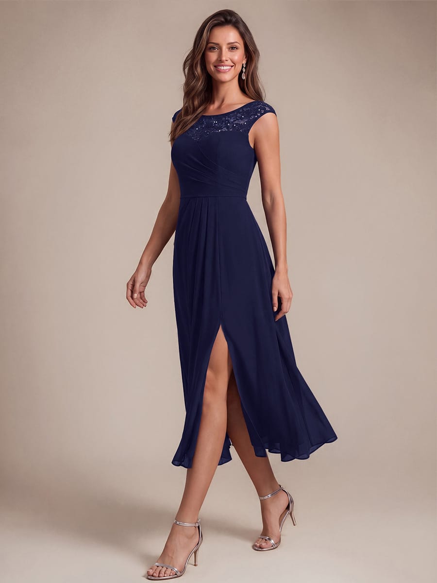 Chiffon Sequin Tea Length Wedding Guest Dress