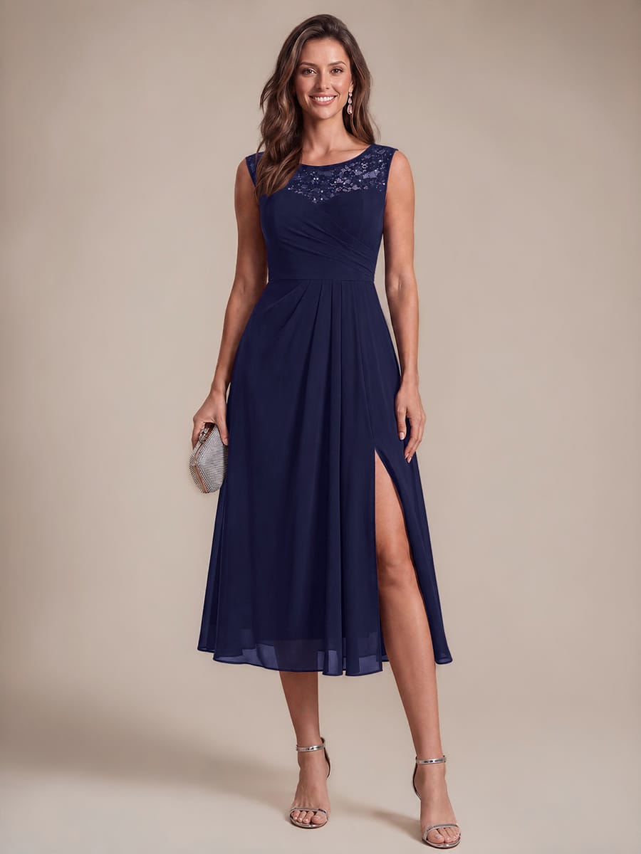 Chiffon Sequin Tea Length Wedding Guest Dress
