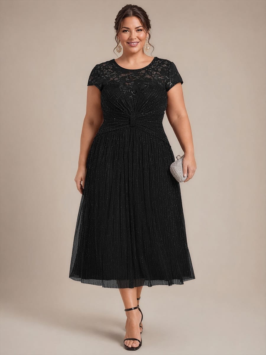 Sequin Tulle Midi Wedding Guest Dress with Cap Sleeves