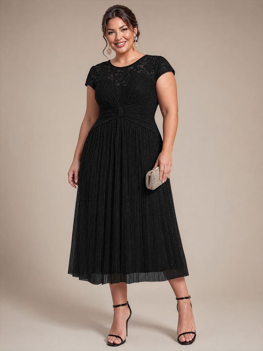 Sequin Tulle Midi Wedding Guest Dress with Cap Sleeves