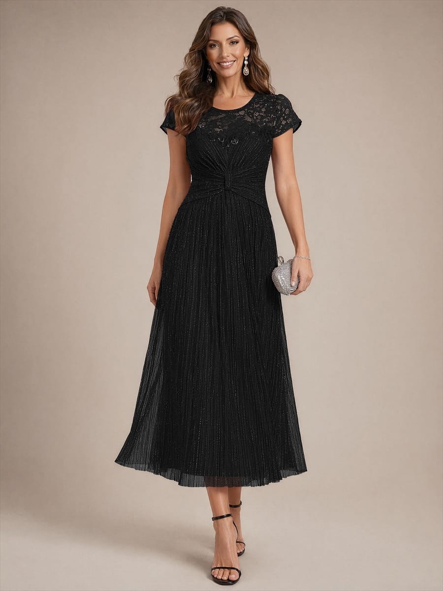 Sequin Tulle Midi Wedding Guest Dress with Cap Sleeves